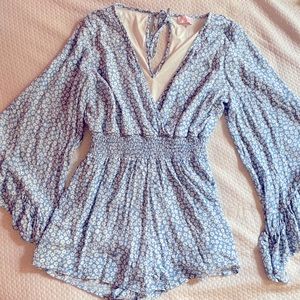 Bell Sleeve Blue Floral Romper